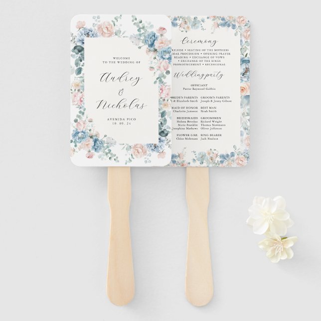 Elegant Dusty Blue Floral Peach Wedding Program Hand Fan (Front and Back)
