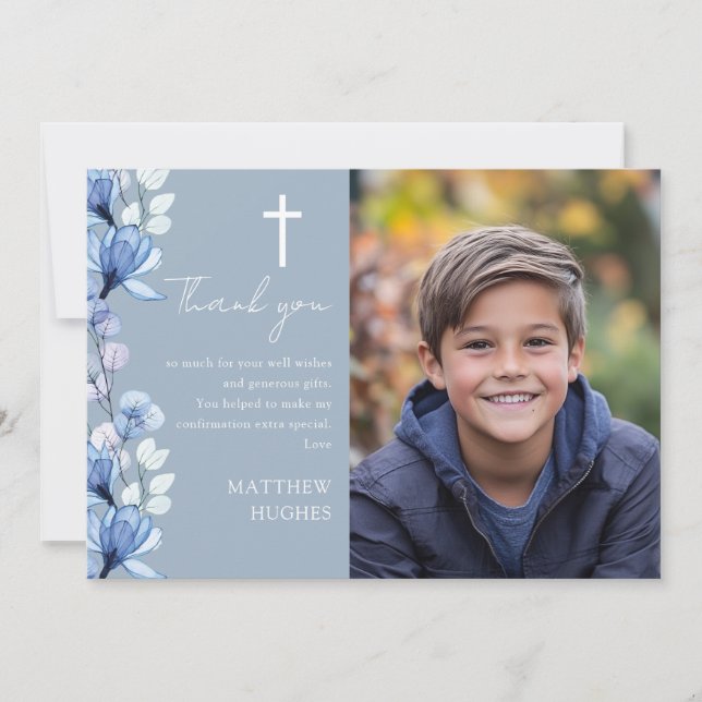 Elegant Dusty Blue Floral Photo Confirmation Thank You Card (Front)
