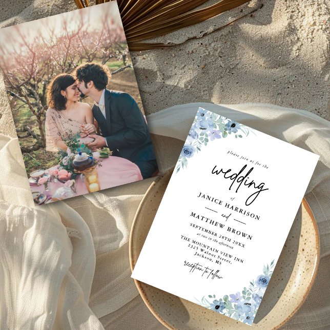Elegant Dusty Blue Floral Photo Wedding Invitation (Creator Uploaded)