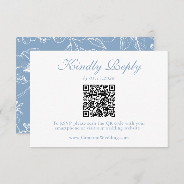 Elegant Dusty Blue Floral QR Code Wedding RSVP  (Front/Back)