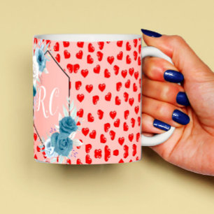 Elegant Dusty Blue Floral & Red Hearts Monogrammed Coffee Mug