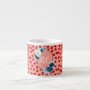 Elegant Dusty Blue Floral & Red Hearts Monogrammed Espresso Cup