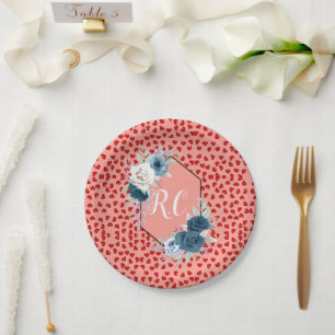 Elegant Dusty Blue Floral & Red Hearts Monogrammed Paper Plate