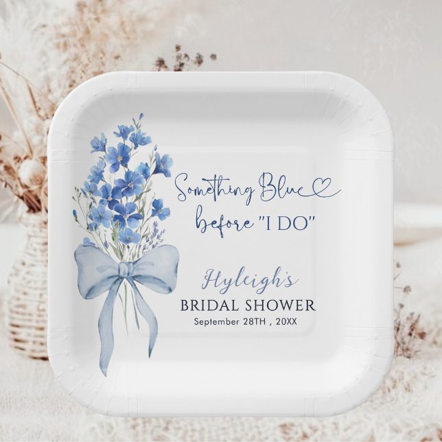 Elegant Dusty Blue Floral Ribbon Bow Bridal Shower Paper Plate (Creator Uploaded)