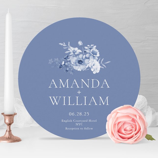 Elegant Dusty Blue Floral Round Wedding Invitation (Creator Uploaded)