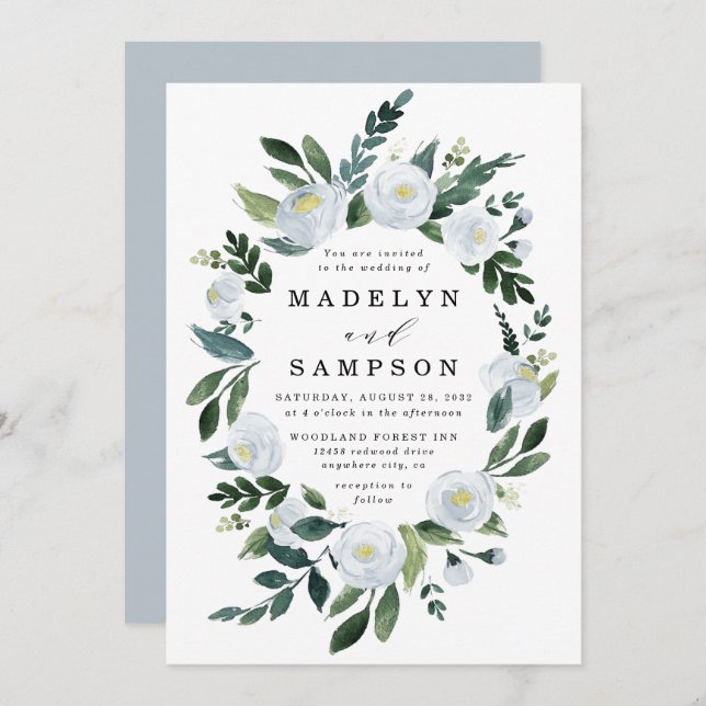 Elegant Dusty Blue Floral Rustic Garden Wedding Invitation (Front/Back)
