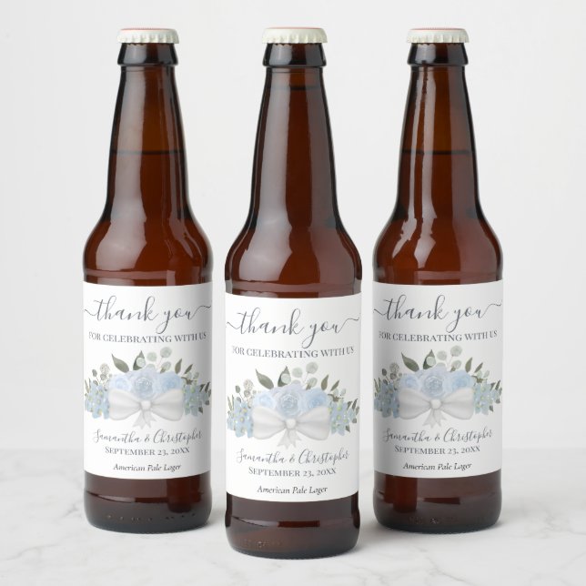 Elegant Dusty Blue Floral Rustic Wedding Thank You Beer Bottle Label (Bottles)