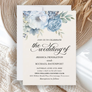 Elegant Dusty Blue Floral Sage Green Leaves Invitation
