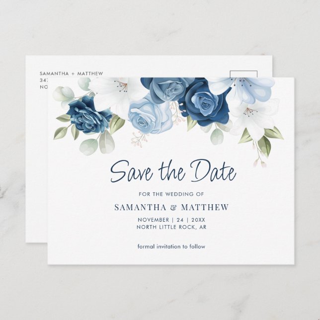 Elegant Dusty Blue Floral Save the Date Announcement Postcard (Front/Back)