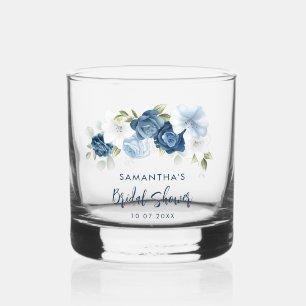 Elegant Dusty Blue Floral Script Bridal Shower Whiskey Glass