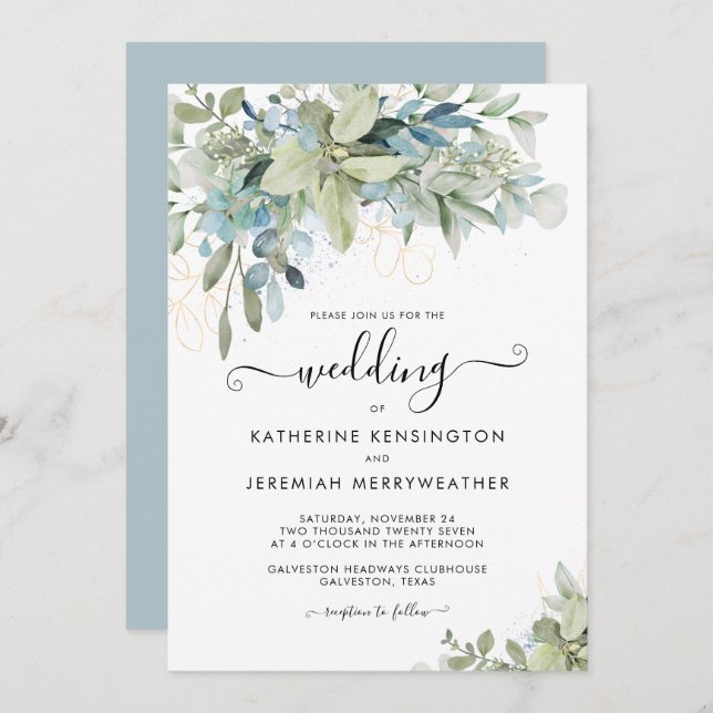 Elegant Dusty Blue Floral Script Wedding Invitation (Front/Back)