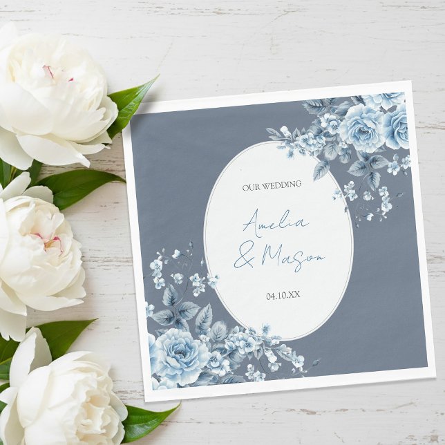 Elegant Dusty Blue Floral Script Wedding  Napkin (Elegant Dusty Blue Floral Script Wedding Napkins)