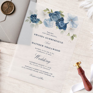 Elegant Dusty Blue Floral Script Wedding Vellum Invitations