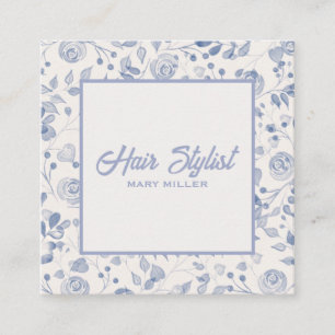 Elegant Dusty Blue Floral Square Hair Stylist QR Business Card