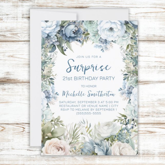 Elegant Dusty Blue Floral Surprise 21st Birthday Invitation (Dusty blue watercolor floral and sage green leaves surprise 21st birthday party invitation)