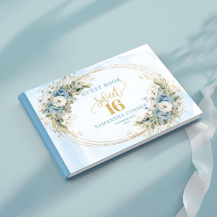 Elegant Dusty Blue Floral Sweet Sixteen Guest Book