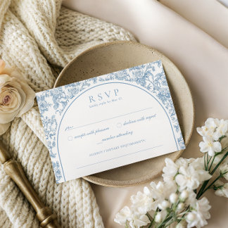 Elegant Dusty Blue Floral Toile Arch Wedding RSVP Enclosure Card