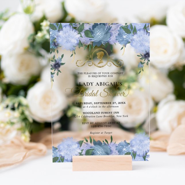 Elegant Dusty Blue Floral Victorian Bridal Shower Acrylic Invitations (Creator Uploaded)