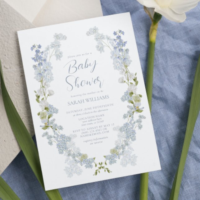 Elegant Dusty Blue Floral Watercolor Baby Shower Invitation (Sweet Blooms: A Blue Floral Baby Shower Celebration!)
