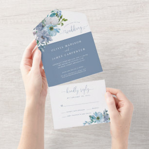 Elegant Dusty Blue Floral Watercolor Boho Wedding All In One Invitation