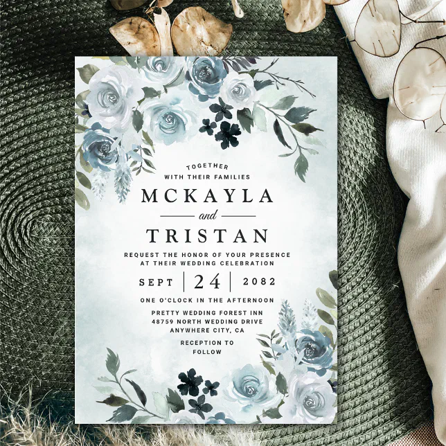 Elegant Dusty Blue Floral Watercolor Navy Wedding Invitation | Zazzle