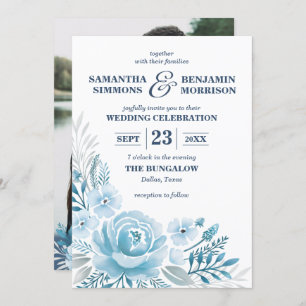 Elegant Dusty Blue Floral Watercolor Photo Wedding Invitation