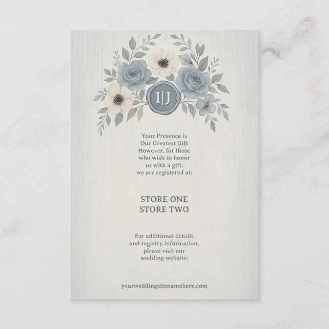 Elegant Dusty Blue Floral Wax Seal Wedding Enclosure Card (Front)