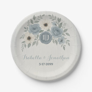 Elegant Dusty Blue Floral Wax Seal Wedding Paper Plate