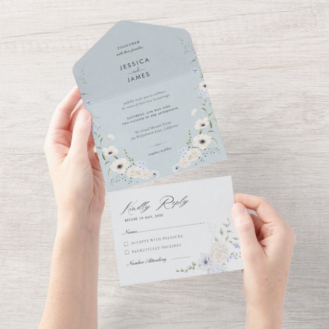 Elegant Dusty Blue Floral Wedding All In One Invitation (Tearaway)