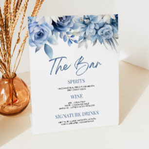 Elegant Dusty Blue Floral Wedding Bridal Bar Pedestal Sign