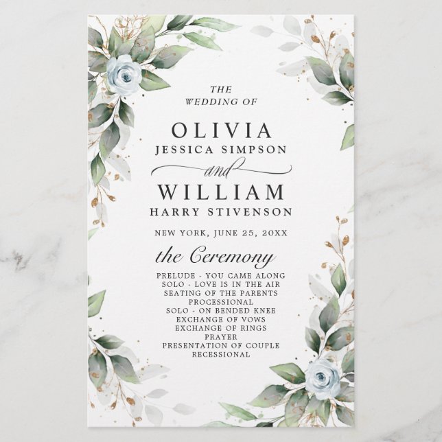 Elegant Dusty Blue Floral Wedding Ceremony Program (Front)