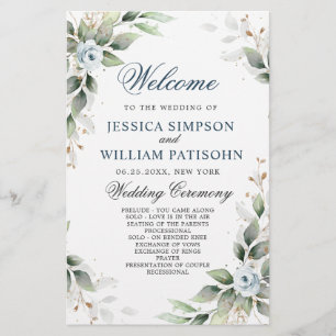 Elegant Dusty Blue Floral Wedding Ceremony Program