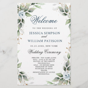 Elegant Dusty Blue Floral Wedding Ceremony Program