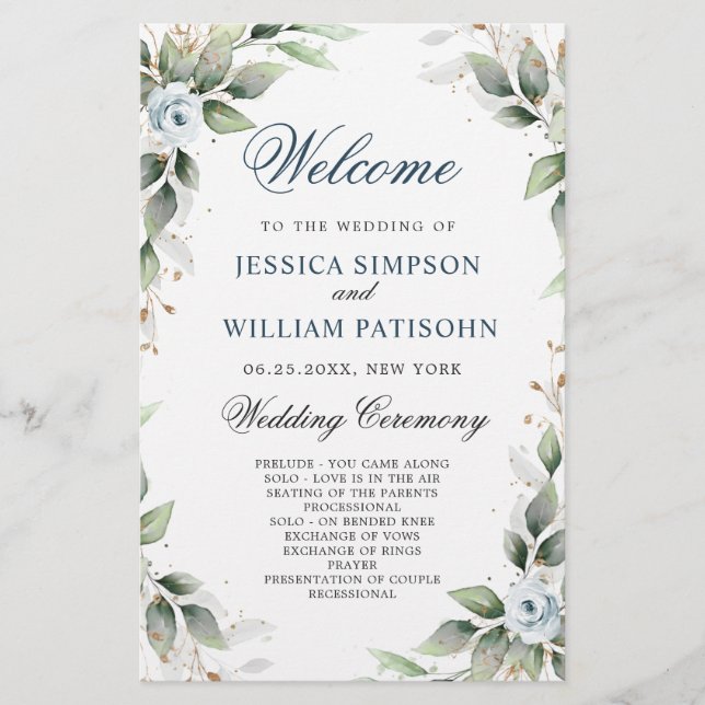 Elegant Dusty Blue Floral Wedding Ceremony Program (Front)