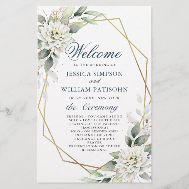 Elegant Dusty Blue Floral Wedding Ceremony Program (Front)