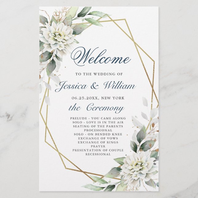 Elegant Dusty Blue Floral Wedding Ceremony Program (Front)