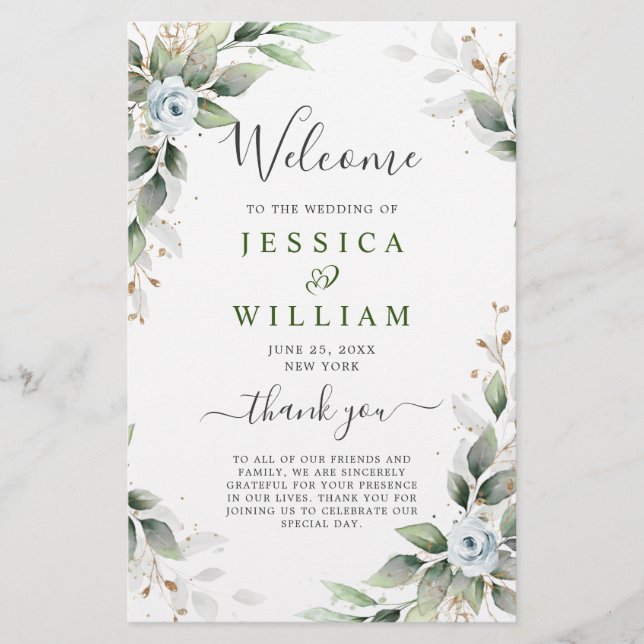 Elegant Dusty Blue Floral Wedding Ceremony Program (Front)