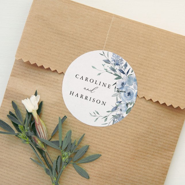 Elegant Dusty Blue Floral Wedding  Classic Round Sticker (Creator Uploaded)