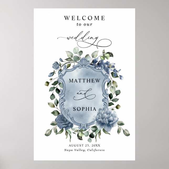 Elegant Dusty Blue Floral Wedding Crest Poster (Front)