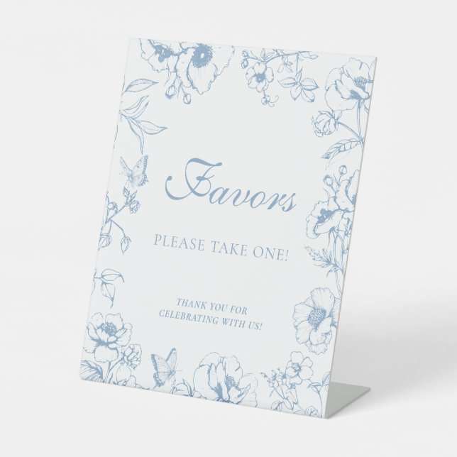 Elegant Dusty Blue Floral Wedding Favors Pedestal Sign (Front)