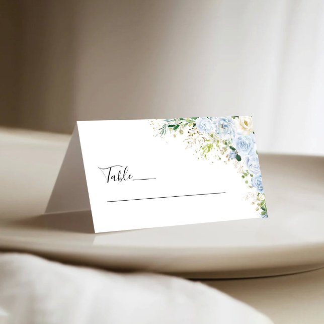 Elegant Dusty Blue Floral Wedding Folded Place Card (Creator Uploaded)