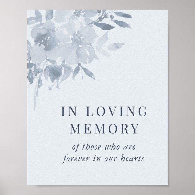 Elegant Dusty Blue Floral Wedding In Loving Memory Poster (Front)