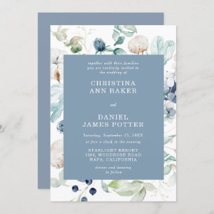 Elegant Dusty Blue Floral Wedding Invitation 
