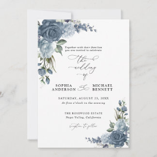 Elegant Dusty Blue Floral Wedding Invitation
