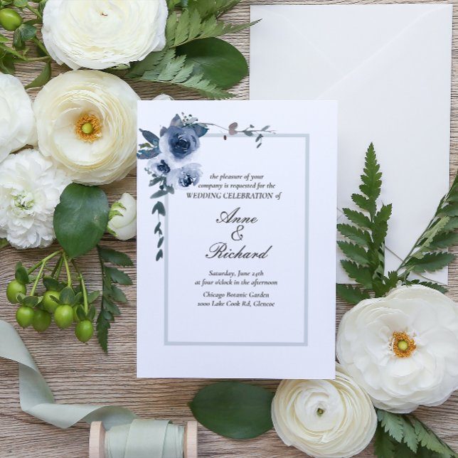 Elegant Dusty Blue Floral Wedding Invitation (Creator Uploaded)
