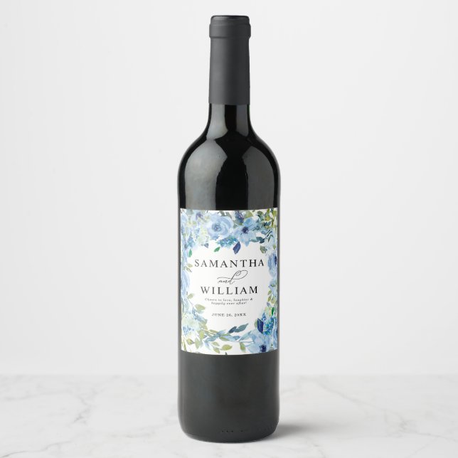 Elegant Dusty Blue Floral Wedding Invitation Wine Label (Front)
