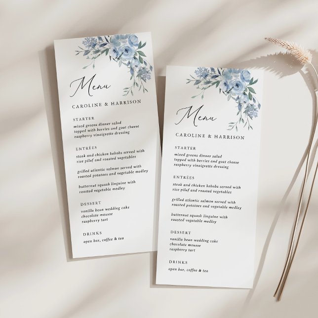 Elegant Dusty Blue Floral Wedding Menu (Creator Uploaded)