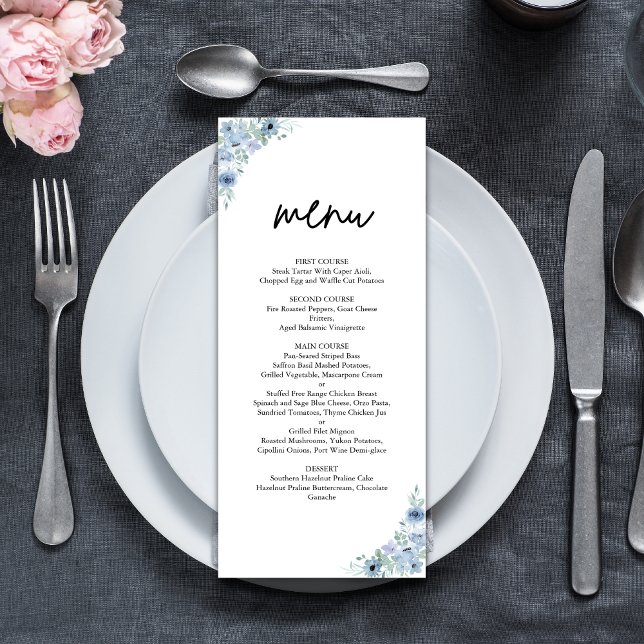 Elegant Dusty Blue Floral Wedding Menu (Creator Uploaded)