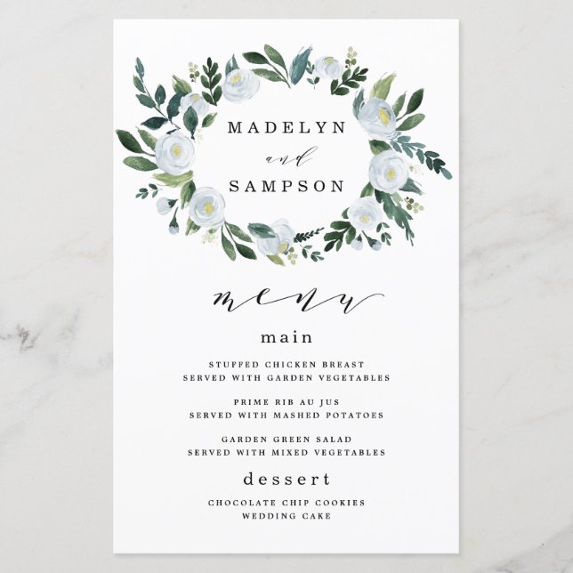 Elegant Dusty Blue Floral Wedding Menu Cards (Front)