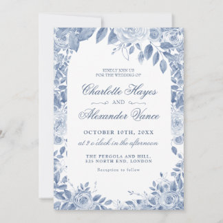 Elegant Dusty Blue Floral Wedding Photo Invitation